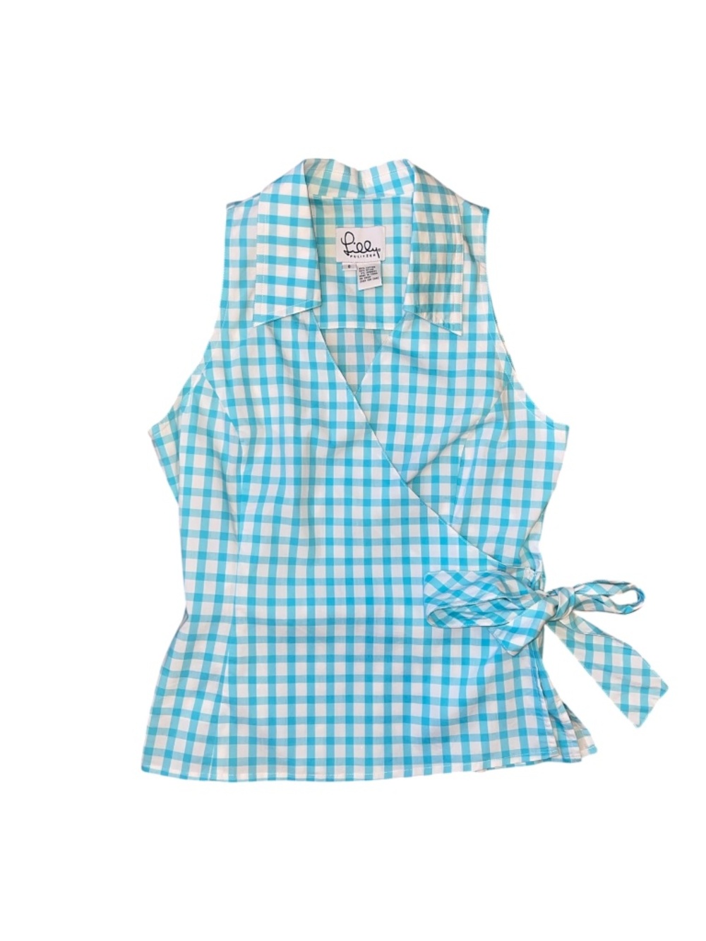 Lilly Pulitzer Vintage Gingham Wrap Top Blue White Sleeveless Women's 8 US